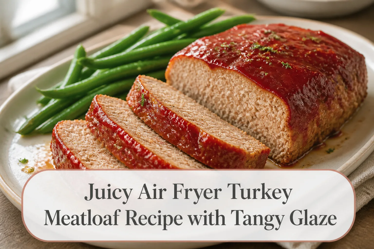 Sliced glazed turkey meatloaf with title reading Juicy Air Fryer Turkey Meatloaf Recipe with Tangy Glaze