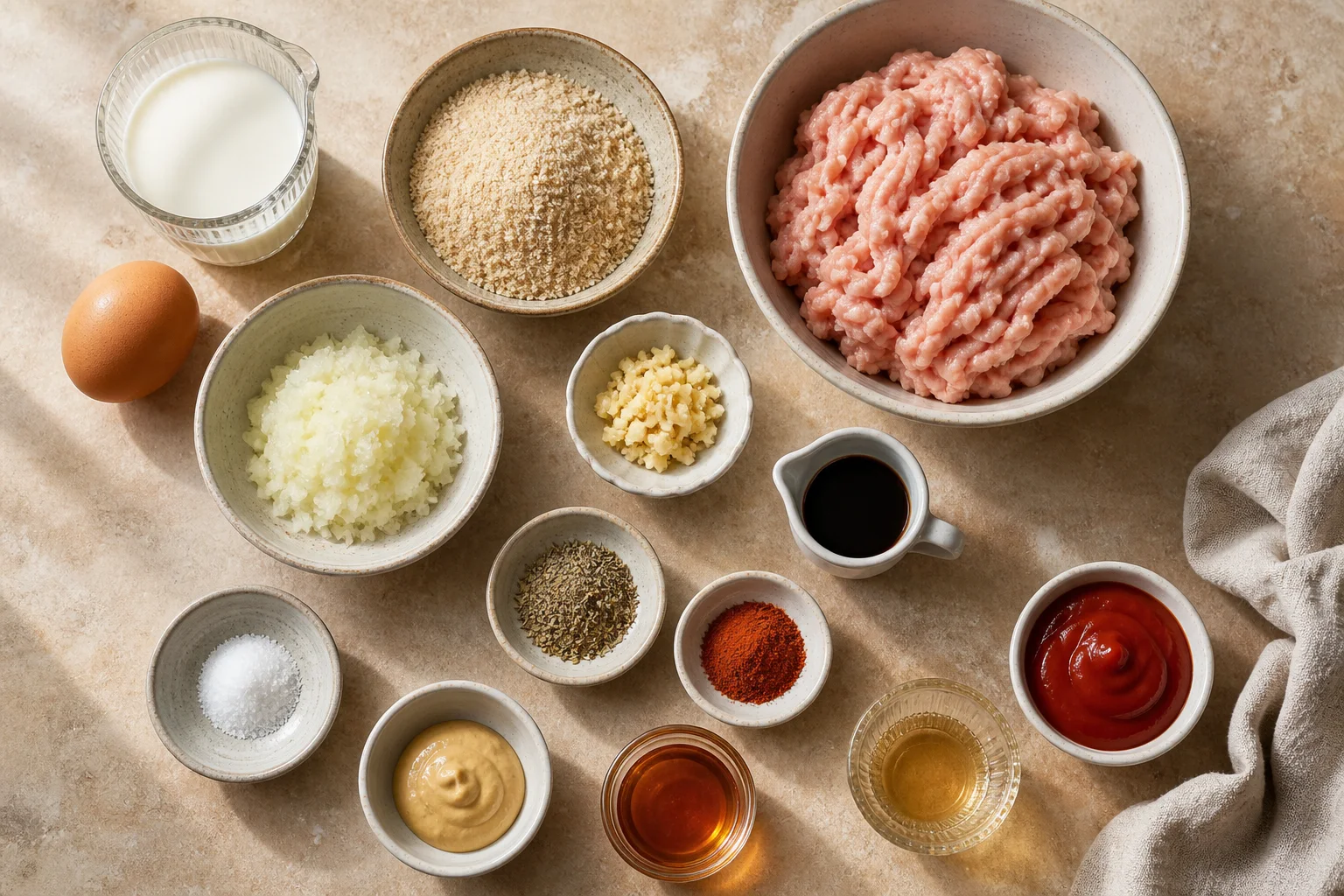Ground turkey, breadcrumbs, milk, egg, onion, seasonings and ketchup glaze ingredients on a stone counter
