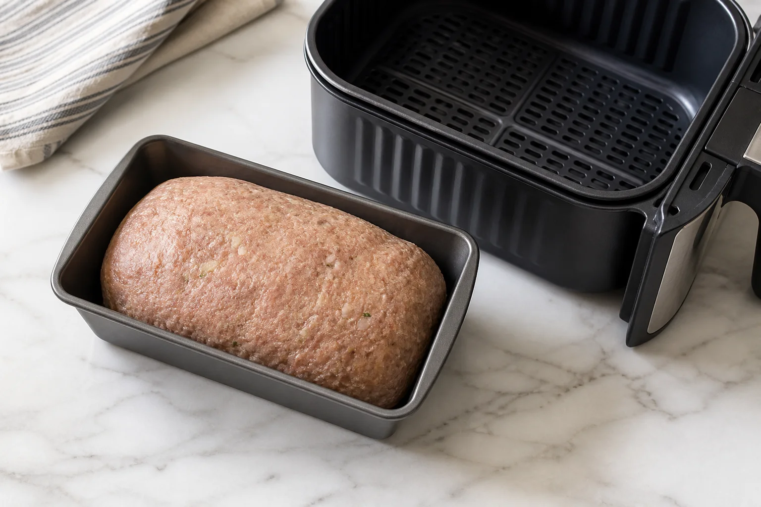 Raw turkey meatloaf shaped evenly inside a small metal loaf pan beside an air fryer