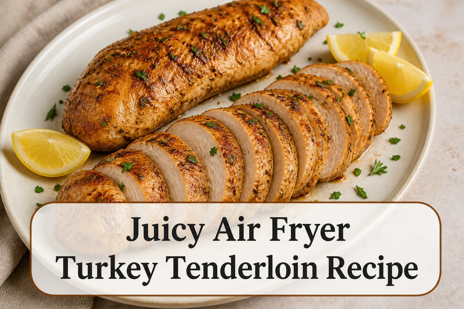Sliced herb turkey with title reading Juicy Air Fryer Turkey Tenderloin Recipe