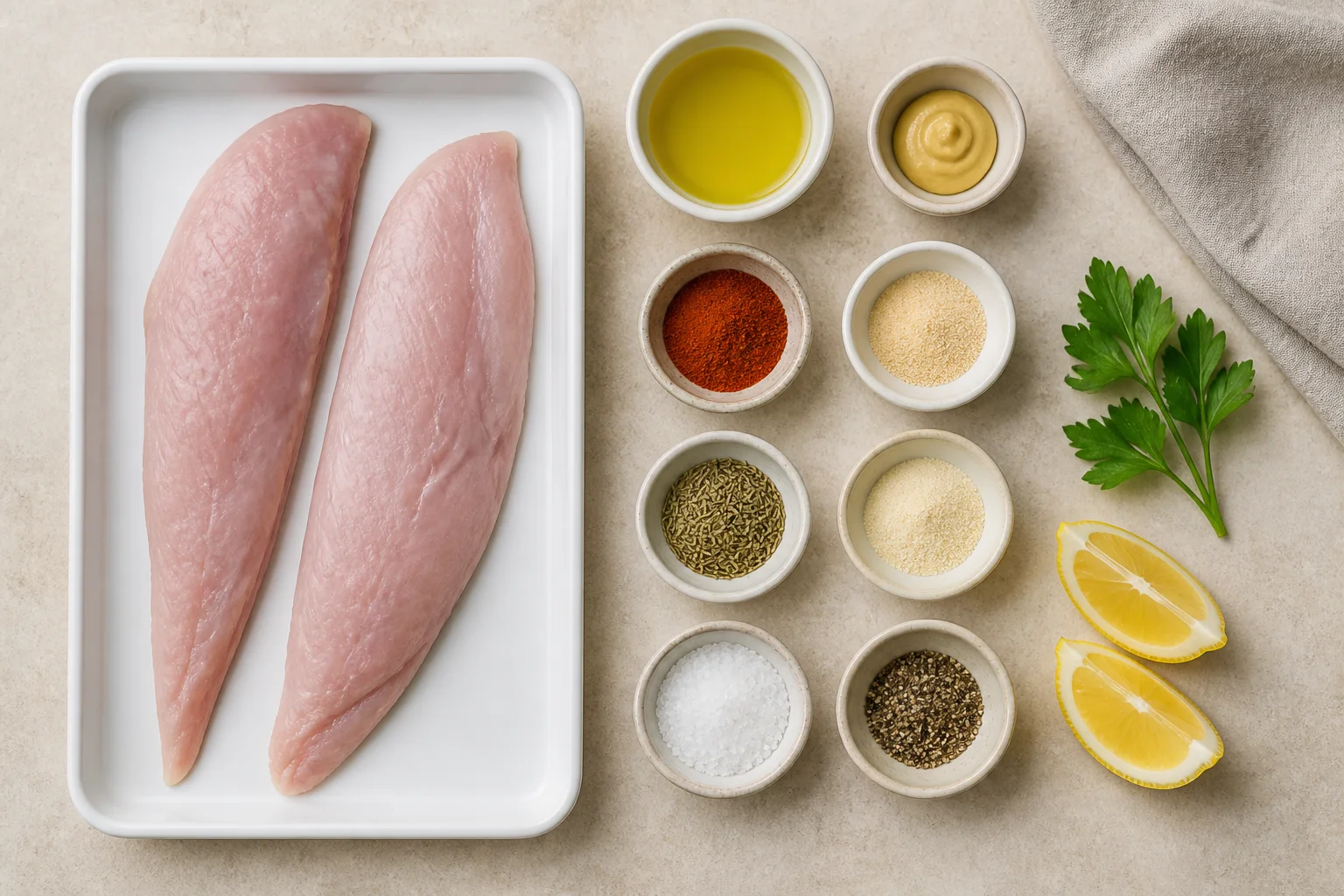 Two raw turkey tenderloins with oil, paprika, garlic, rosemary, onion, salt, pepper and Dijon