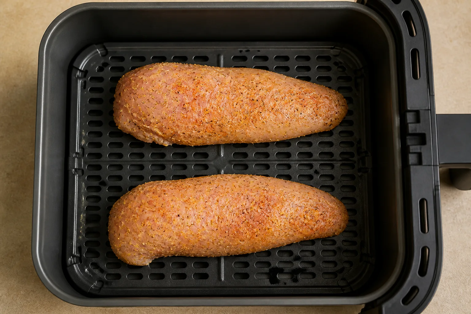 Two raw seasoned turkey tenderloins spaced apart in an air fryer basket