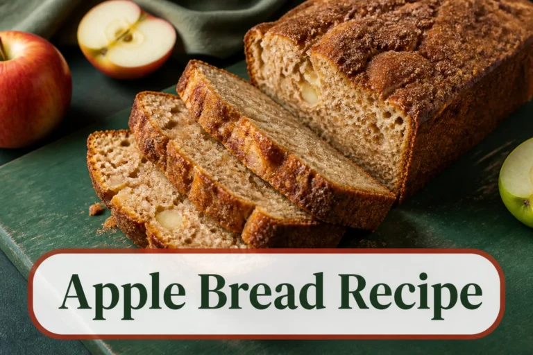 Sliced cinnamon apple quick bread on a dark green board, moist golden crumb with small apple pieces, crisp cinnamon-sugar top and natural home-baked cracks. The lower title bubble reads Apple Bread Recipe.