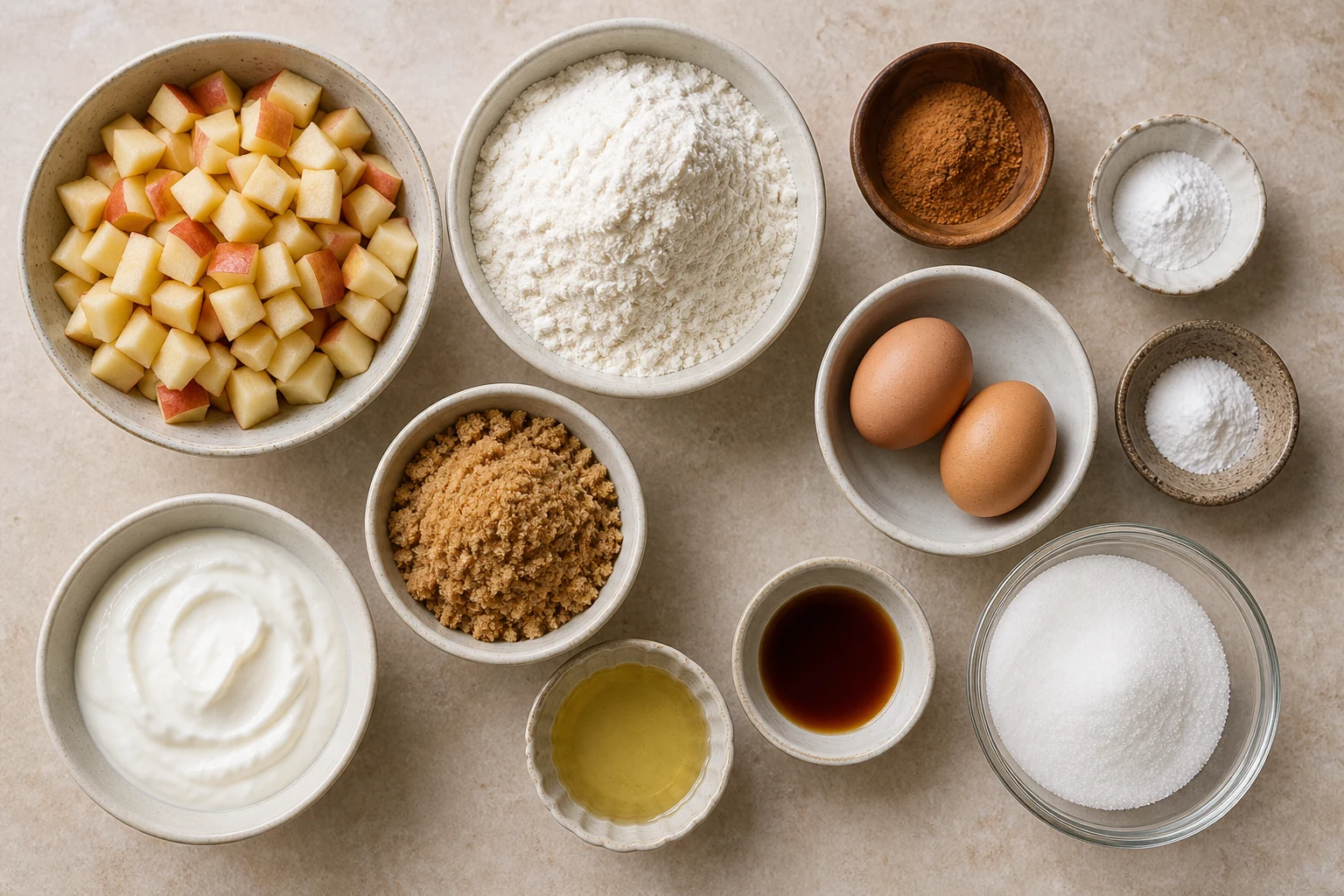 Diced firm apples, flour, cinnamon, baking powder, baking soda, salt, eggs, brown sugar, Greek yogurt, neutral oil, vanilla and granulated sugar overhead.