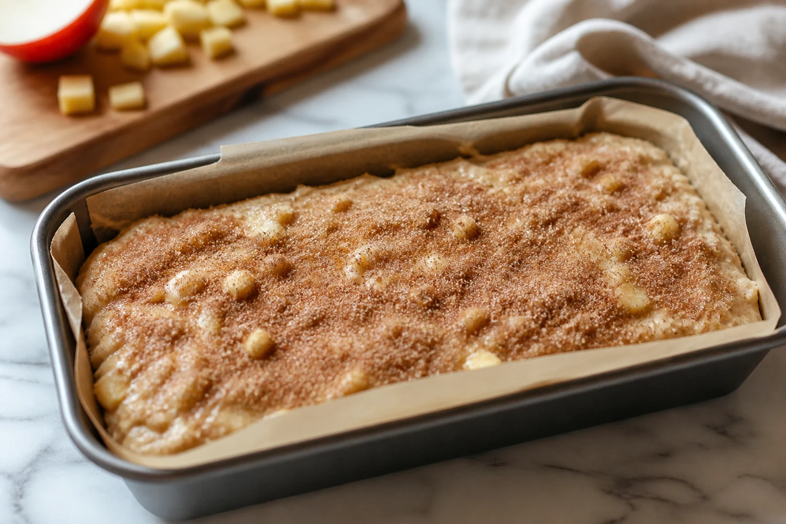 Thick apple bread batter with small diced apples spread in a parchment-lined metal loaf pan and topped evenly with cinnamon sugar.