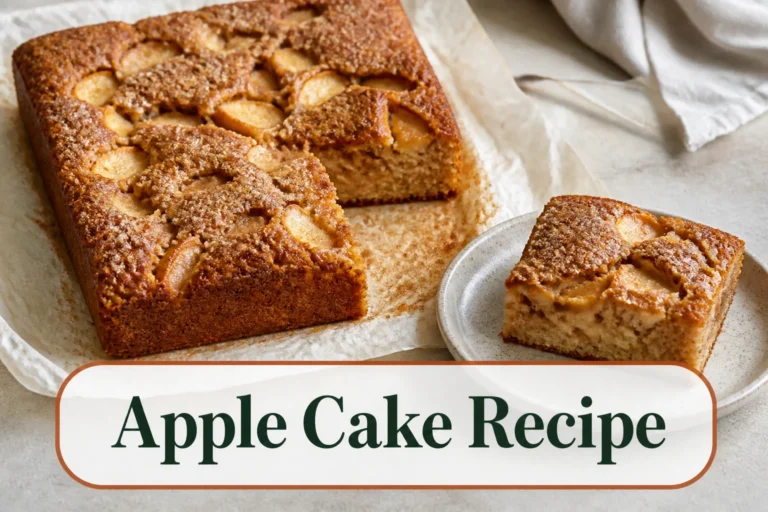 A square cinnamon apple cake on parchment with a lightly crisp sugar top, visible tender apple pieces and one clean slice on a small plate, natural crumb texture. The lower title bubble reads Apple Cake Recipe.