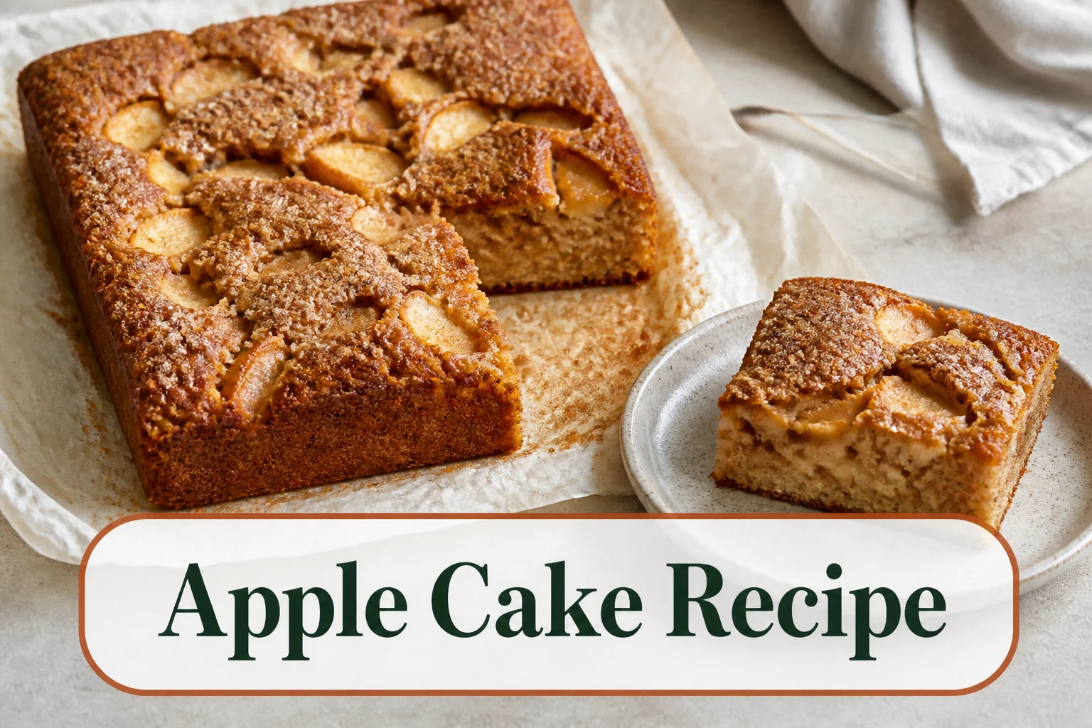 A square cinnamon apple cake on parchment with a lightly crisp sugar top, visible tender apple pieces and one clean slice on a small plate, natural crumb texture. The lower title bubble reads Apple Cake Recipe.