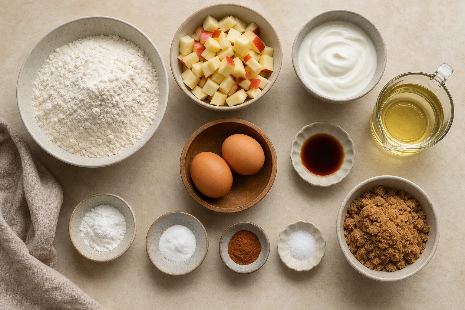 Flour, baking powder, baking soda, cinnamon, salt, eggs, brown sugar, Greek yogurt, neutral oil, vanilla and diced apples in measured baking quantities.