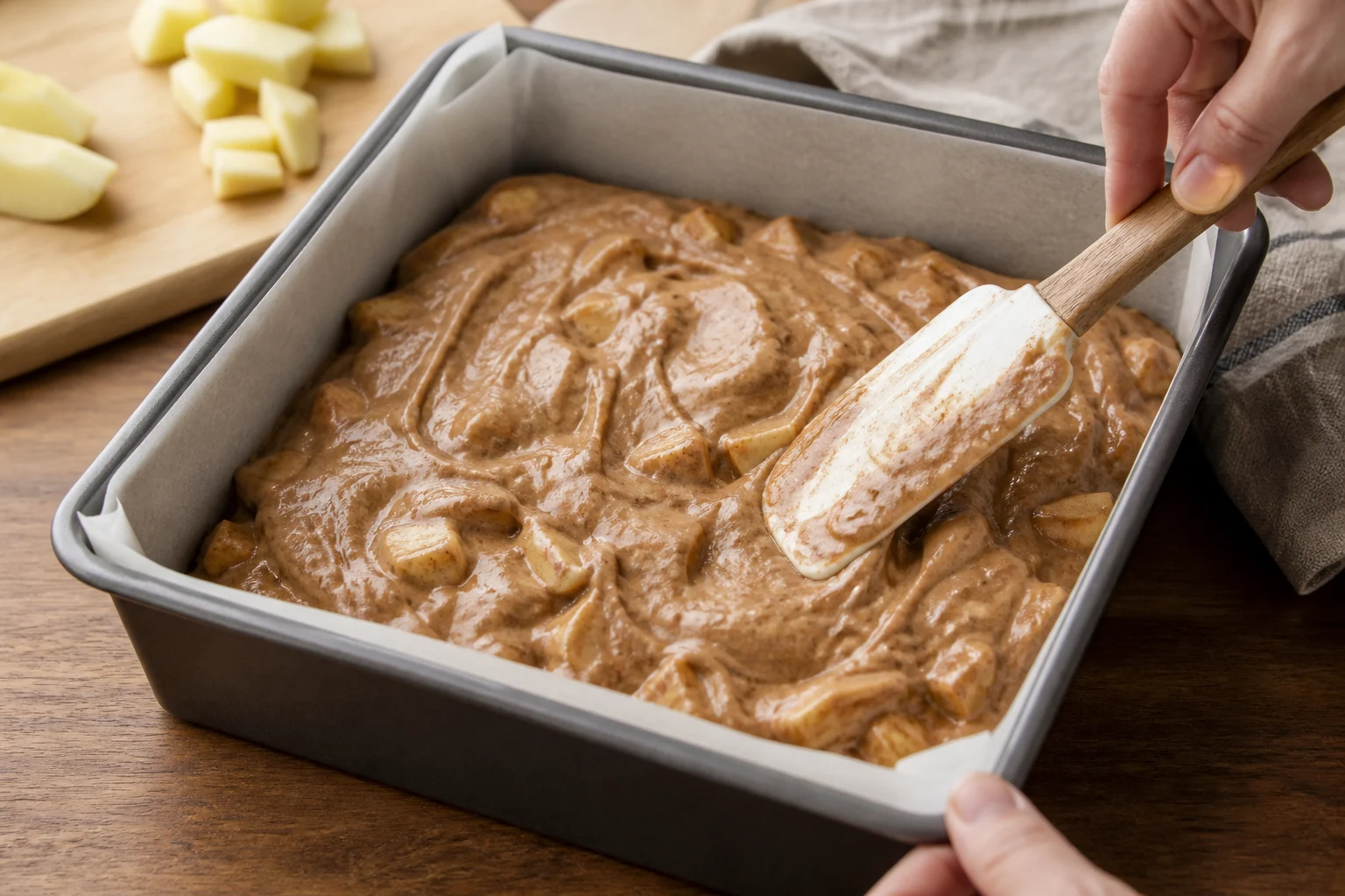 Thick cinnamon cake batter with evenly folded half-inch apple pieces being spread into a parchment-lined 9-inch square pan with a spatula.