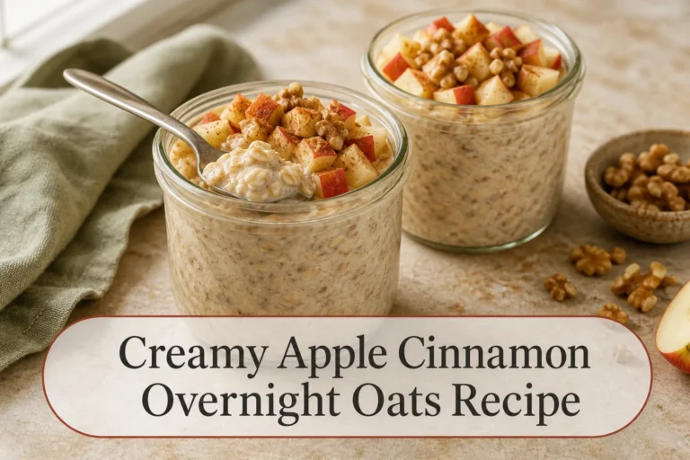 Creamy apple cinnamon overnight oats with title reading Creamy Apple Cinnamon Overnight Oats Recipe