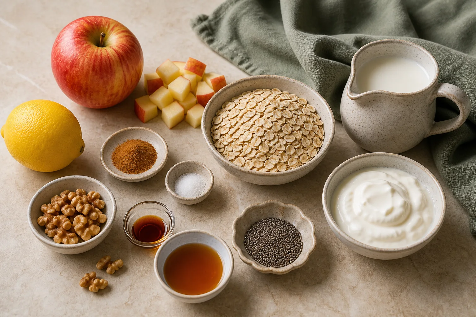 Crisp apple, lemon, rolled oats, milk, Greek yogurt, chia seeds, maple syrup, vanilla, cinnamon, salt and walnuts