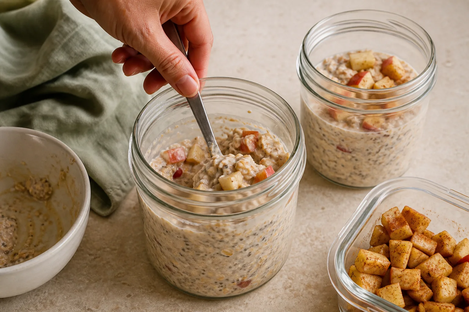 Spoon stirring apple cinnamon oats from the bottom of a wide jar beside a separate covered apple topping