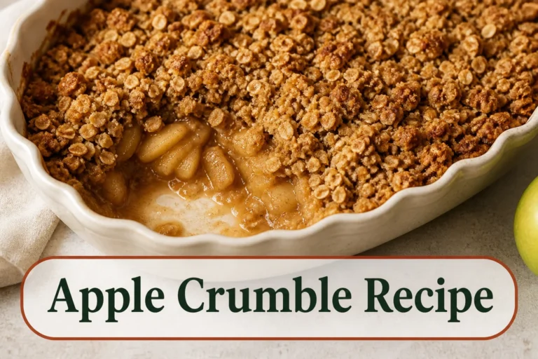Golden apple crumble in a cream ceramic baking dish, one spoonful removed to reveal distinct tender cinnamon apple slices and thick glossy juices under crisp oat-butter clumps. The lower title bubble reads Apple Crumble Recipe.