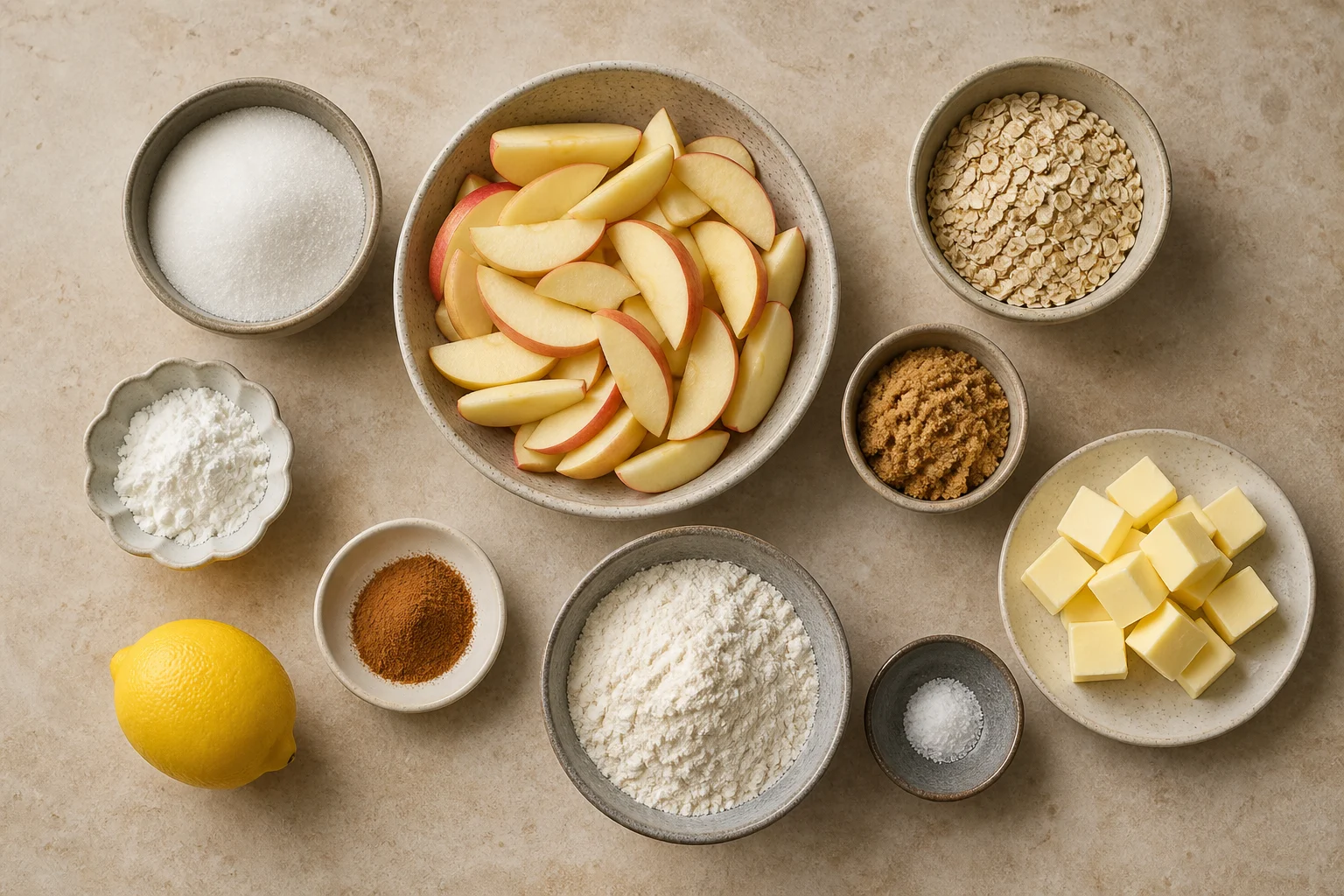 Sliced apples, granulated sugar, cornstarch, lemon, cinnamon, flour, rolled oats, brown sugar, salt and cold butter arranged in realistic measured quantities.