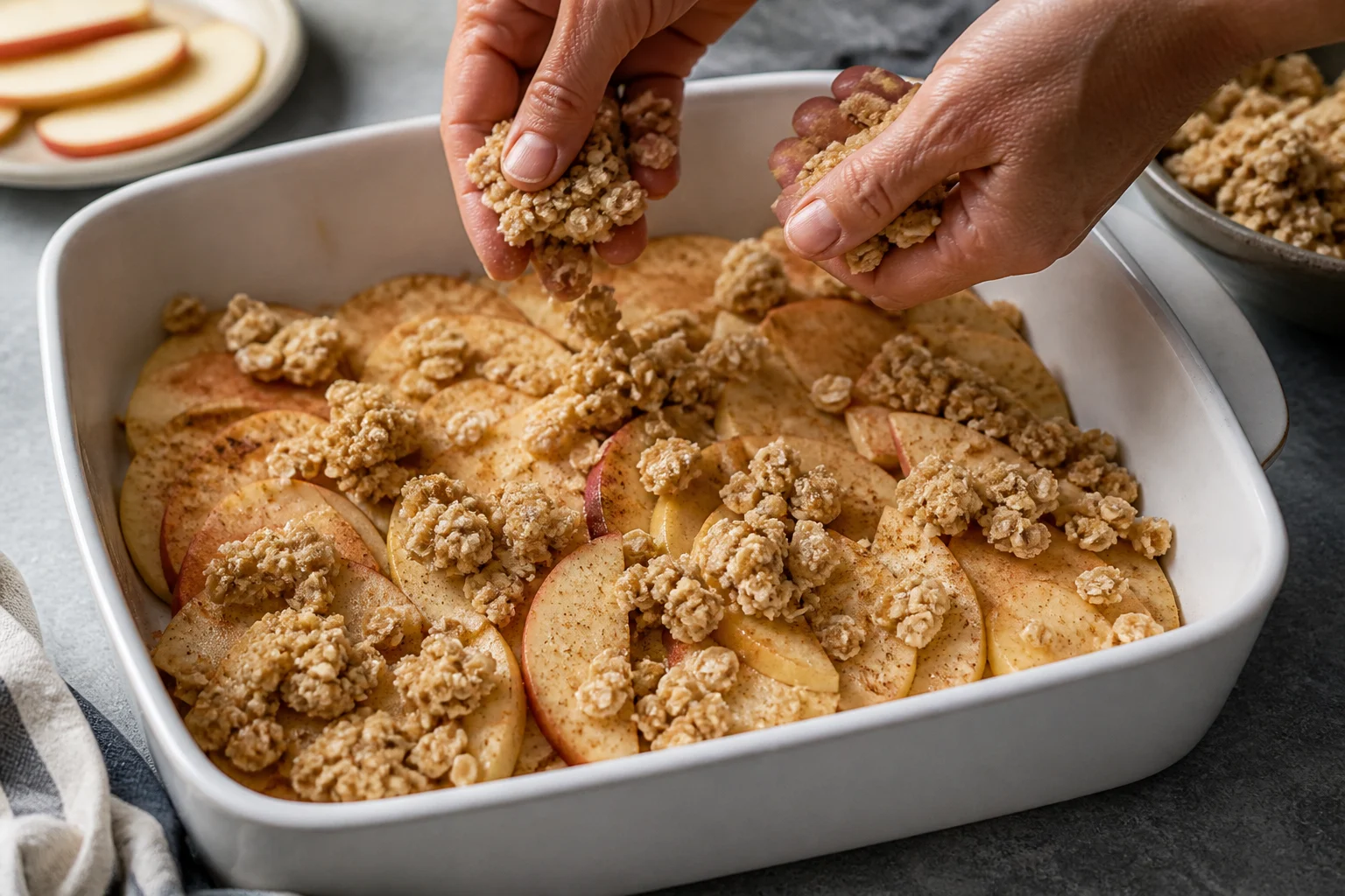 Hands scattering irregular cold oat crumble clumps loosely over an even layer of cinnamon-coated apple slices in a square baking dish.