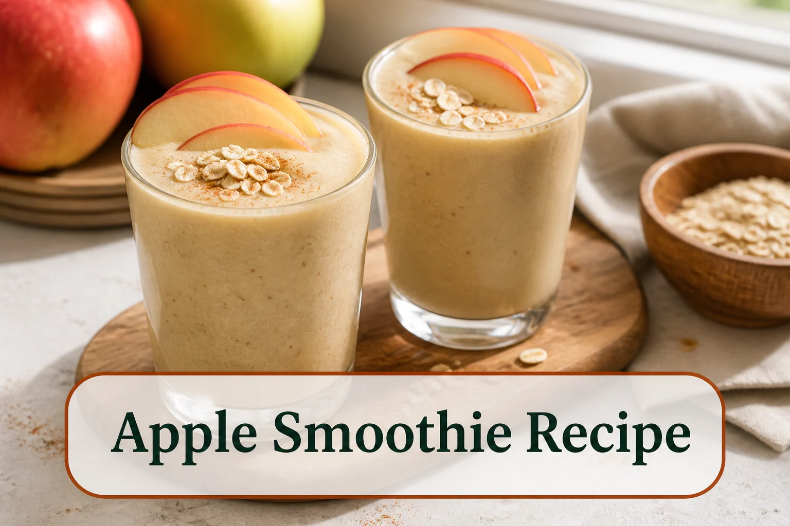Two glasses of creamy pale-gold apple smoothie with cinnamon speckles, thin apple slices and a small oat garnish, natural thick pour and soft morning light. The lower title bubble reads Apple Smoothie Recipe.