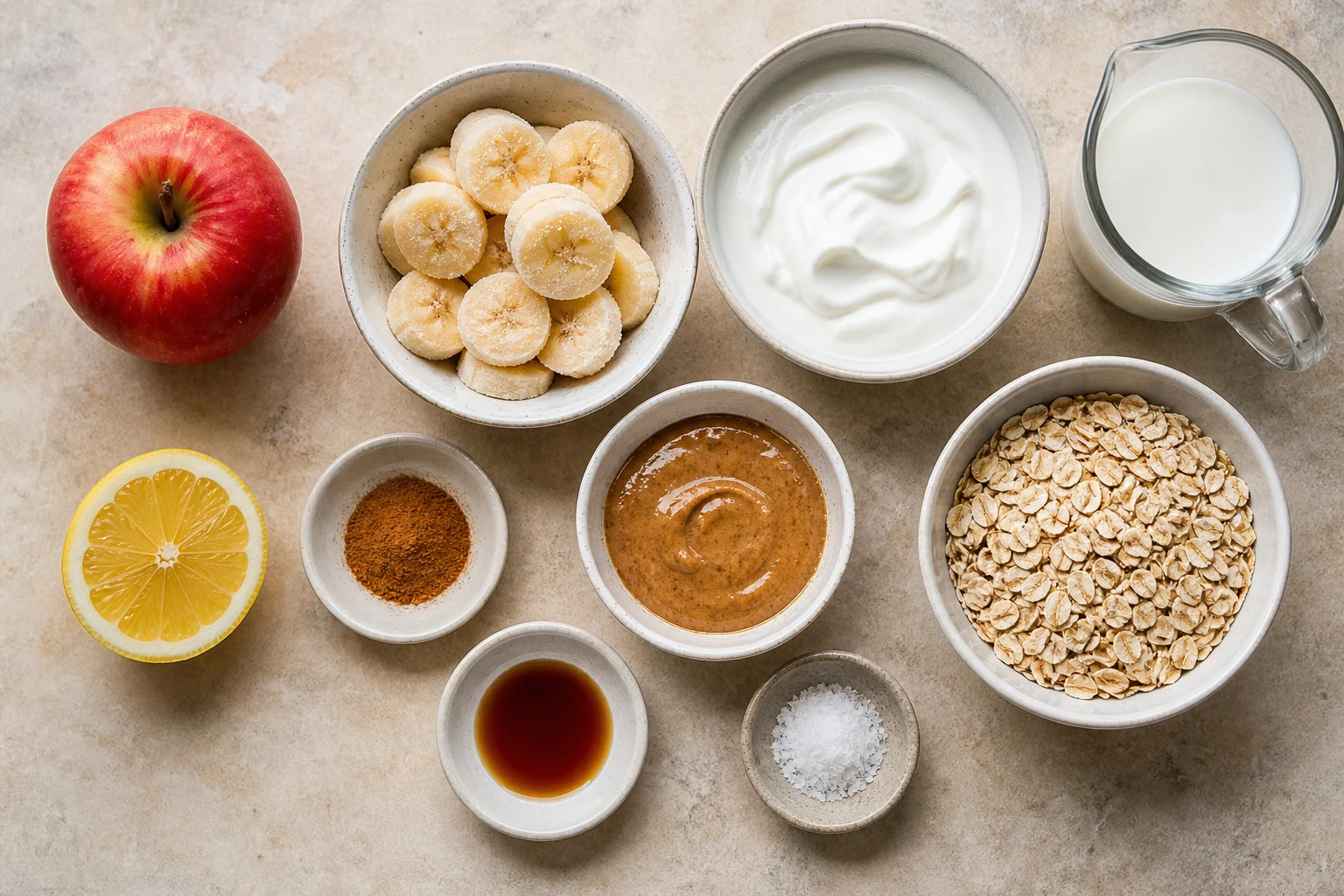 One crisp apple, frozen banana slices, Greek yogurt, milk, rolled oats, nut butter, cinnamon, vanilla, lemon and salt in realistic measured quantities.