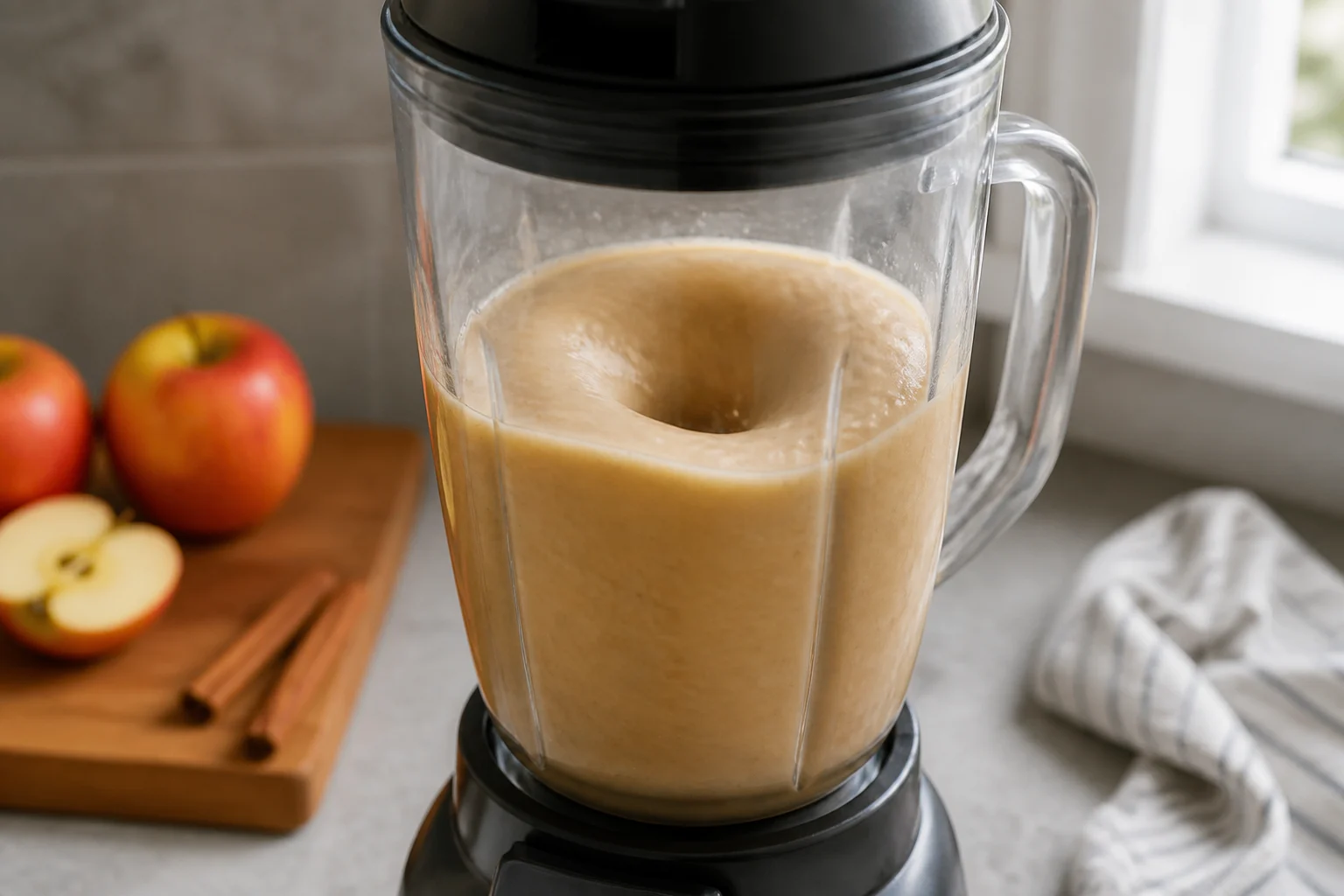 A realistic high-speed blender creating a smooth pale apple-cinnamon vortex, with no loose chunks and the lid securely in place.