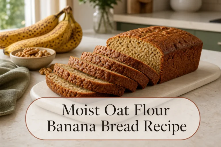 Sliced oat flour banana bread with title reading Moist Oat Flour Banana Bread Recipe
