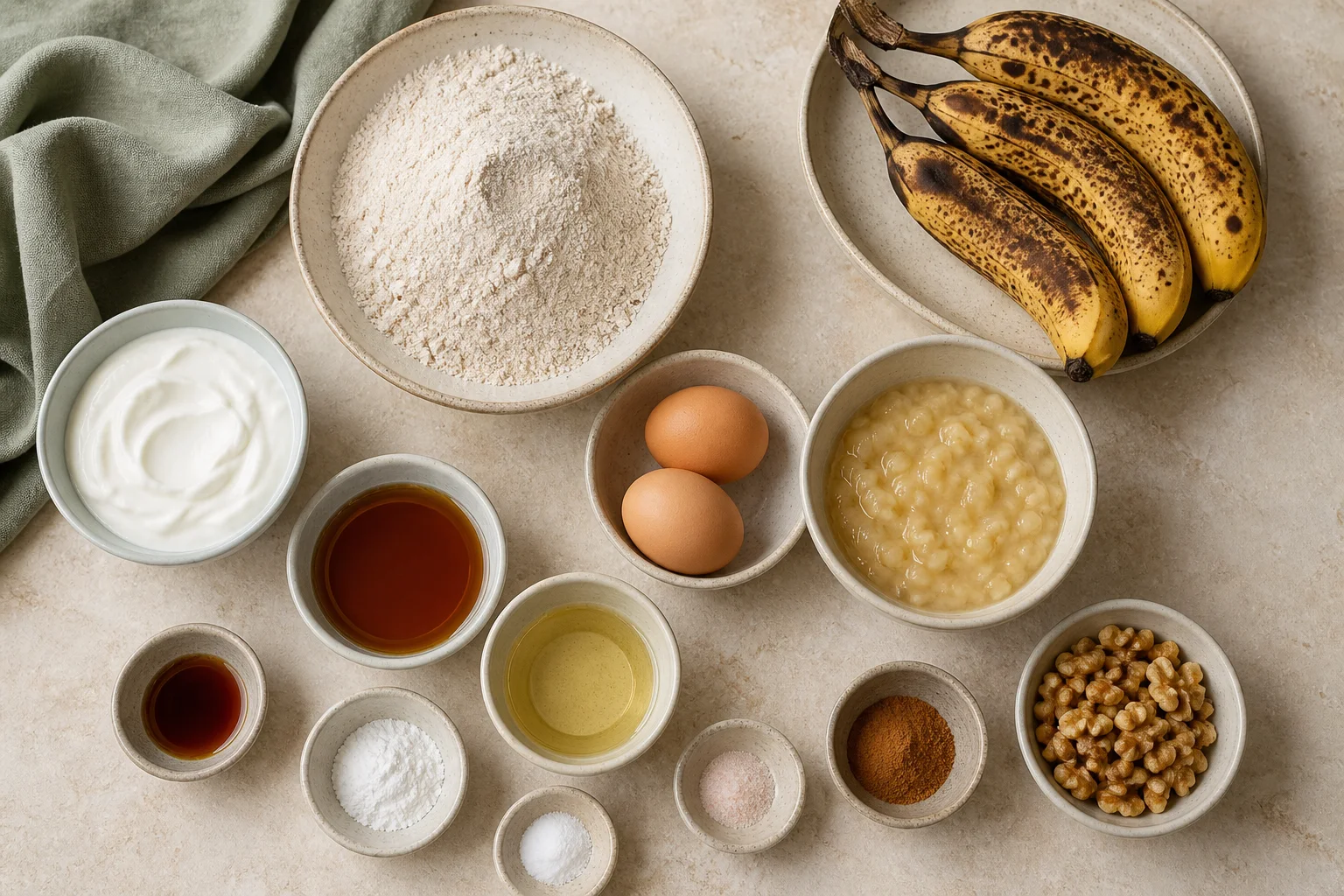 Oat flour, ripe bananas, eggs, Greek yogurt, maple syrup, oil, vanilla, baking powder, baking soda, cinnamon, salt and walnuts