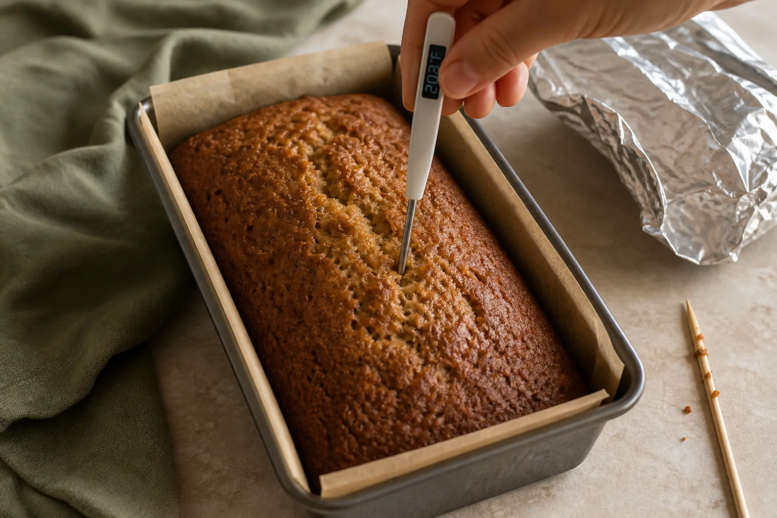 Instant-read thermometer inserted into the center of a domed oat flour banana bread loaf in a lined metal pan