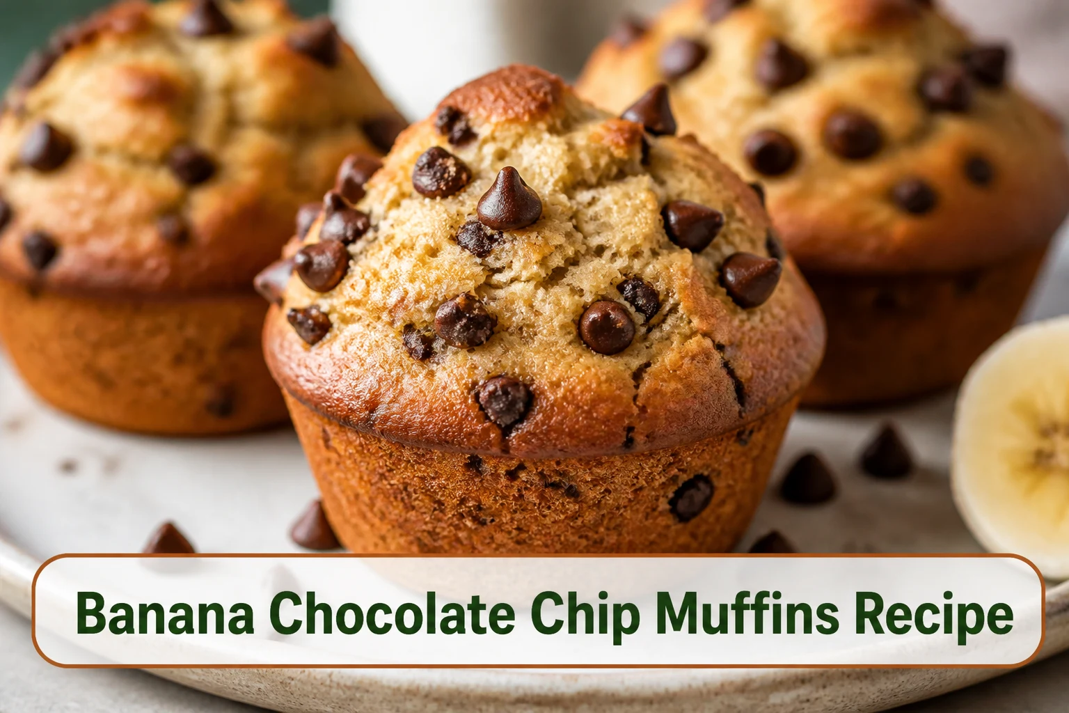 Bakery-style banana chocolate chip muffins with tall domes, mini chips and moist banana crumb visible.; title text reads Banana Chocolate Chip Muffins Recipe