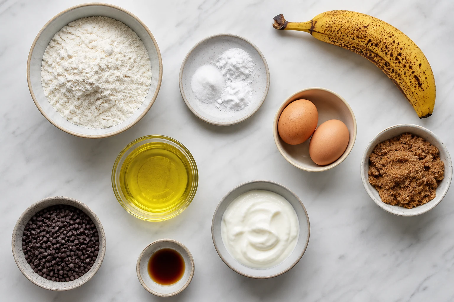 Flour, leaveners, ripe banana, eggs, brown sugar, oil, Greek yogurt, vanilla and mini chocolate chips.