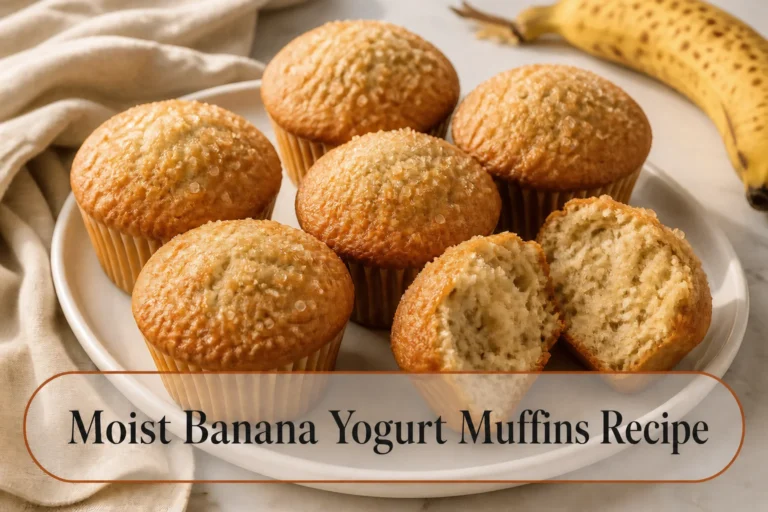 Banana yogurt muffins with title reading Moist Banana Yogurt Muffins Recipe
