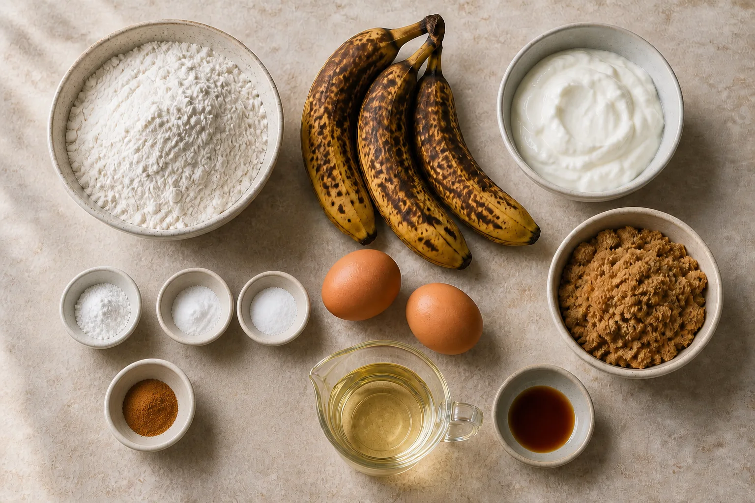Flour, leaveners, salt, cinnamon, ripe bananas, Greek yogurt, brown sugar, eggs, oil and vanilla