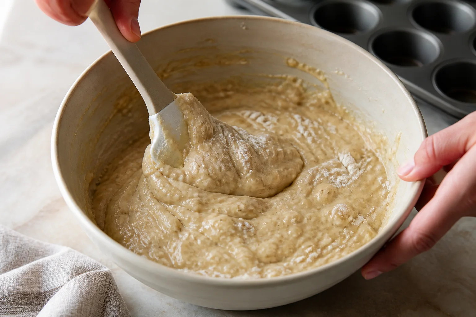 Thick banana yogurt muffin batter being gently folded with a few flour streaks remaining
