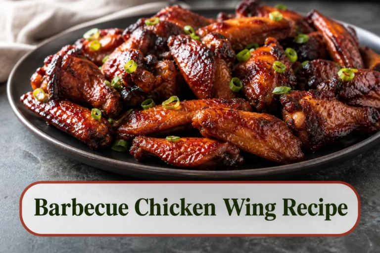 Tacky barbecue chicken wings on a dark platter, crisp edges under a thin mahogany glaze, scallions optional, believable smoky shine without heavy sauce pooling. The lower title bubble reads Barbecue Chicken Wing Recipe.