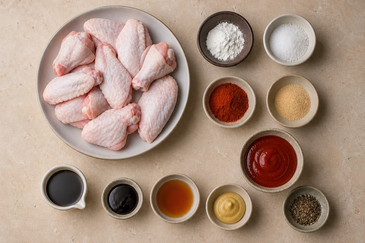 Split raw chicken wings, baking powder, salt, smoked paprika, garlic powder, tomato sauce, molasses, cider vinegar, Worcestershire, Dijon and black pepper overhead.