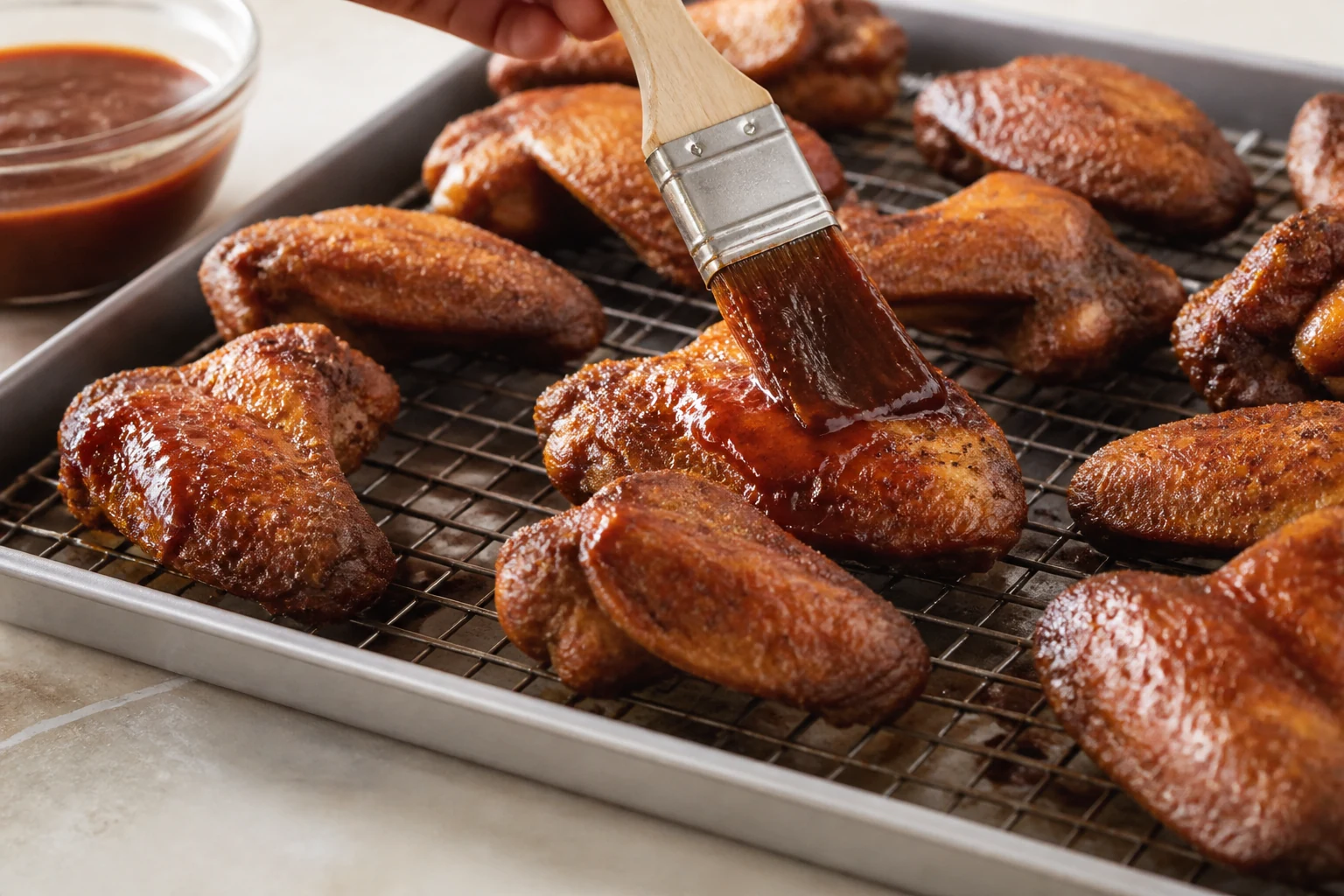 Safely cooked browned wings on a wire rack being brushed with a thin mahogany barbecue glaze for a brief final oven set.