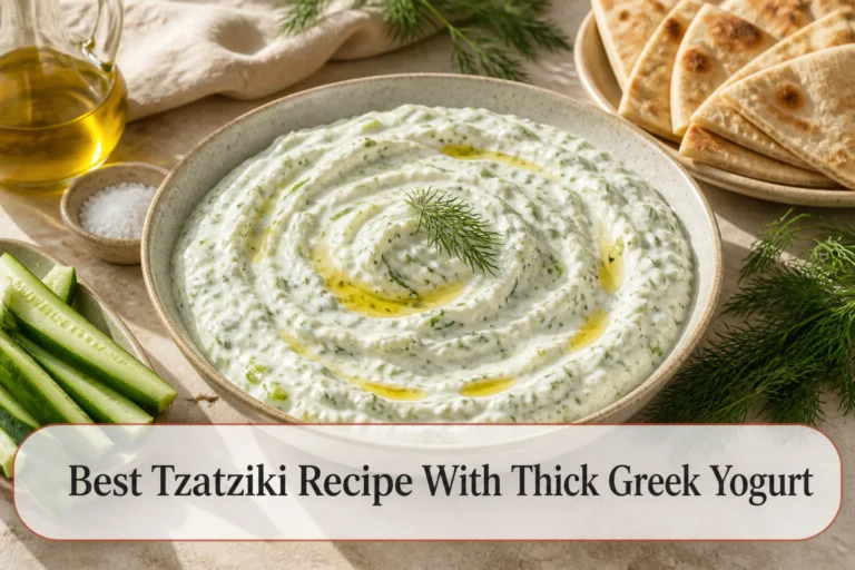 Tzatziki with title reading Best Tzatziki Recipe With Thick Greek Yogurt