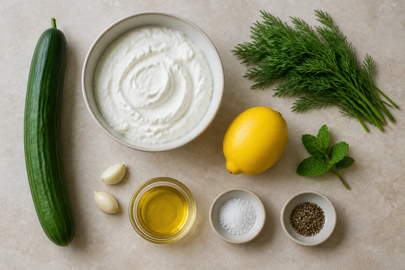 Greek yogurt, English cucumber, garlic, olive oil, lemon, dill, mint, salt and black pepper