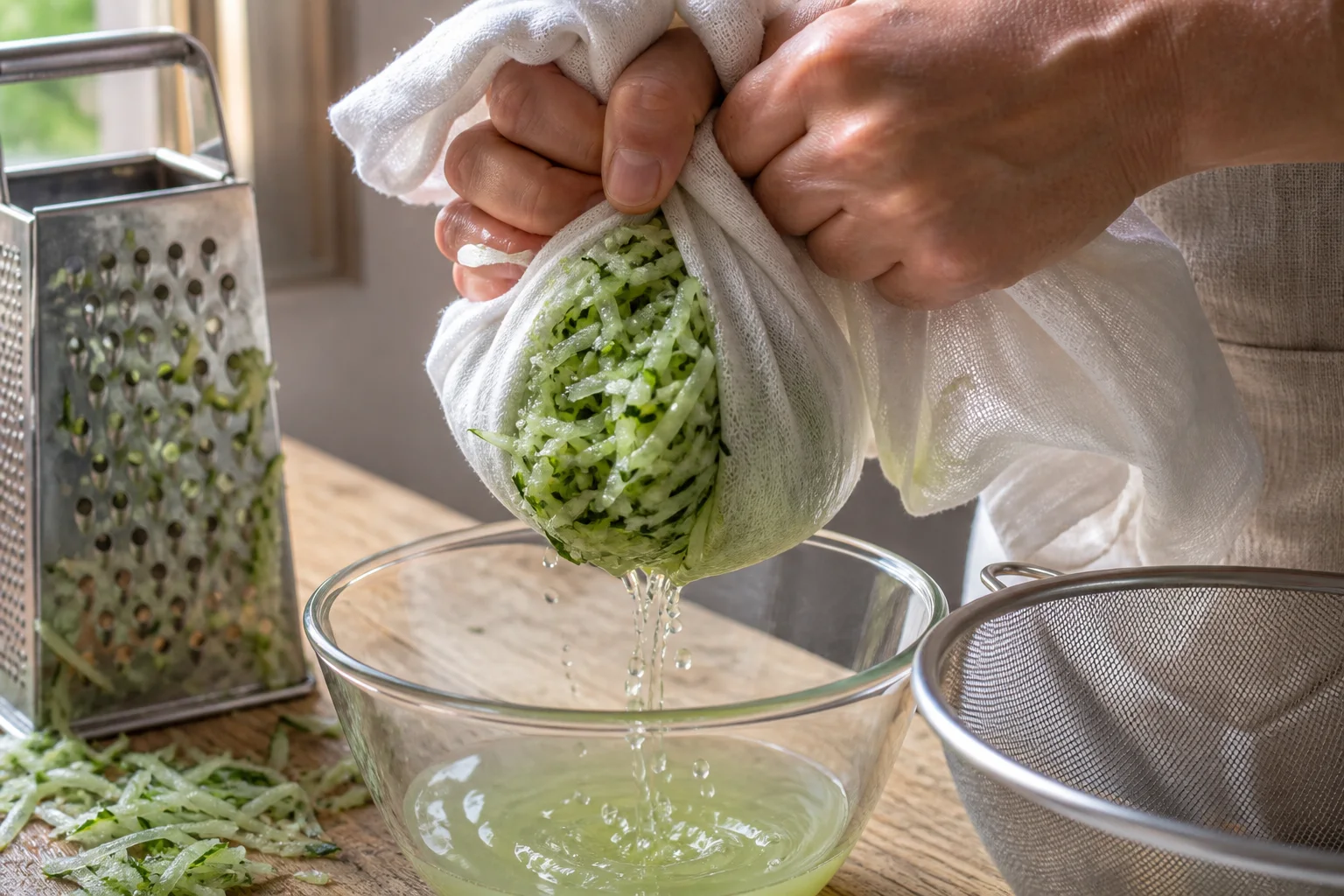 Grated salted cucumber being squeezed in a clean towel above a bowl before mixing with yogurt
