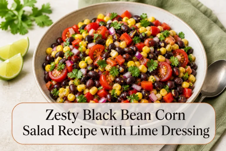 Colorful black bean corn salad with title reading Zesty Black Bean Corn Salad Recipe with Lime Dressing