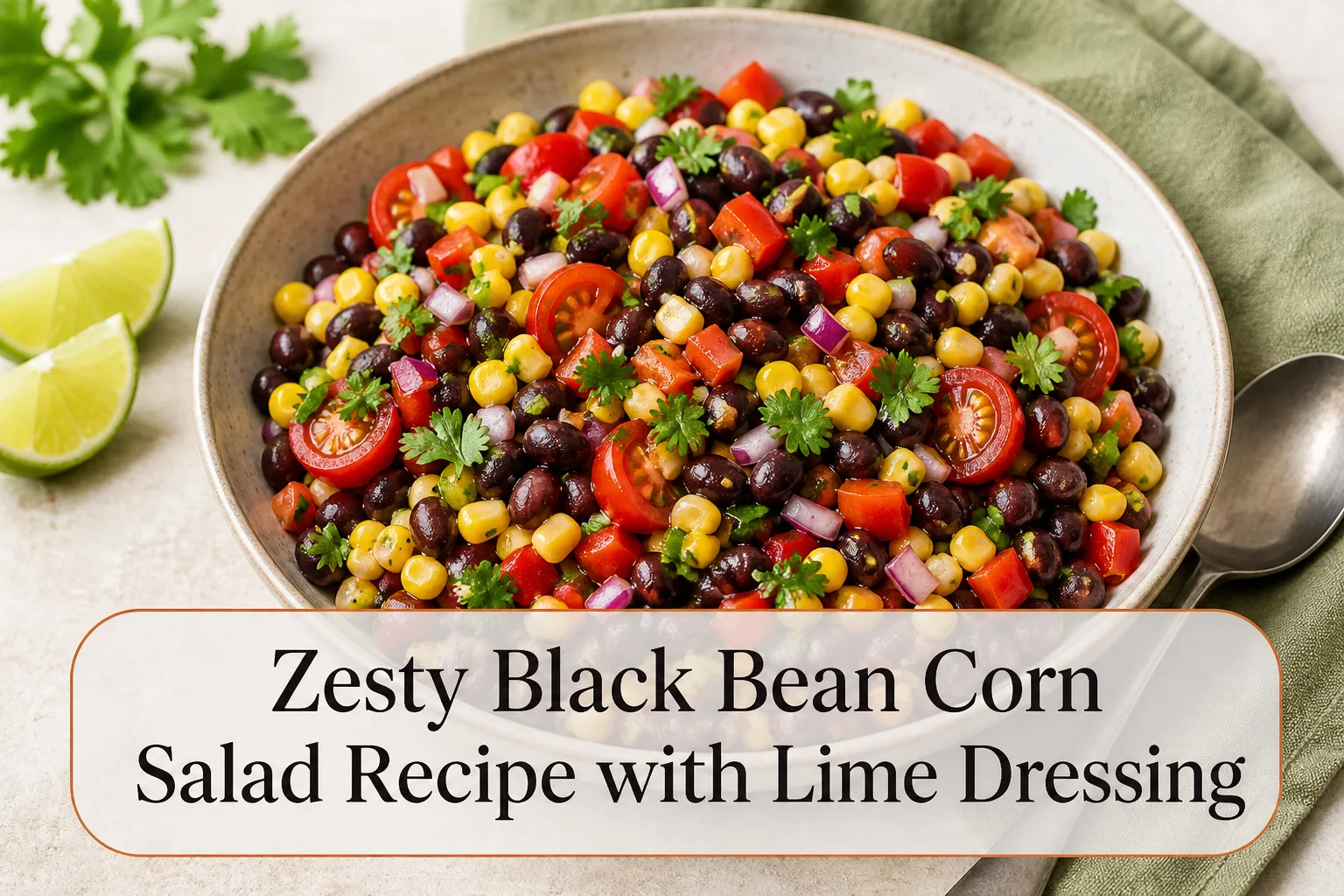 Colorful black bean corn salad with title reading Zesty Black Bean Corn Salad Recipe with Lime Dressing