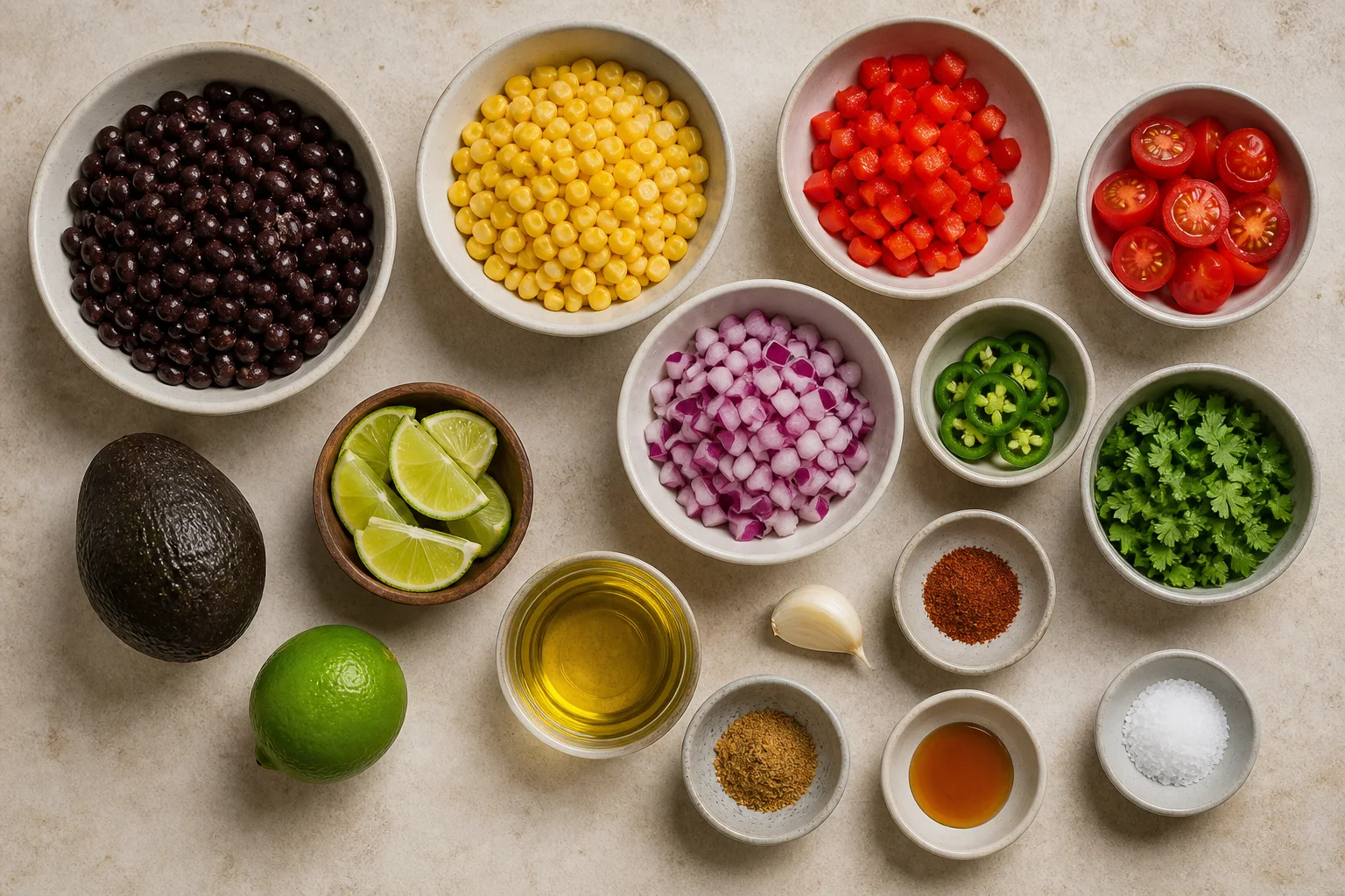 Black beans, corn, red bell pepper, tomatoes, red onion, jalapeno, cilantro, avocado, limes, olive oil, garlic and spices