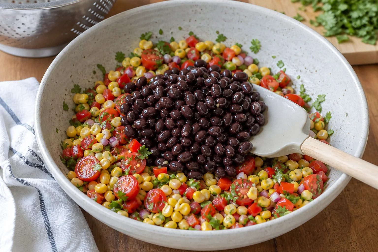 Dried black beans being gently folded into dressed corn and chopped vegetables with a wide spatula