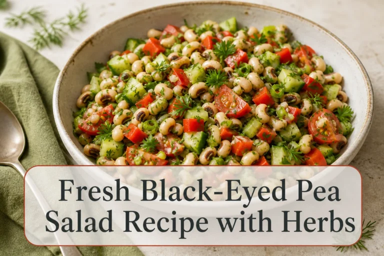 Black-eyed pea salad with title reading Fresh Black-Eyed Pea Salad Recipe with Herbs