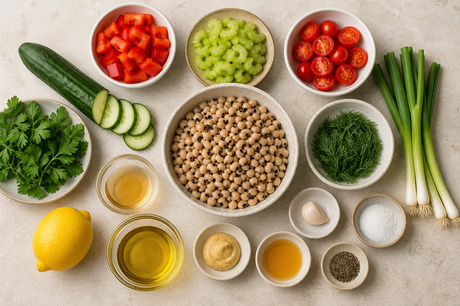 Black-eyed peas, bell pepper, cucumber, celery, tomatoes, scallions, parsley, dill, apple cider vinegar, lemon, Dijon, honey, garlic and olive oil