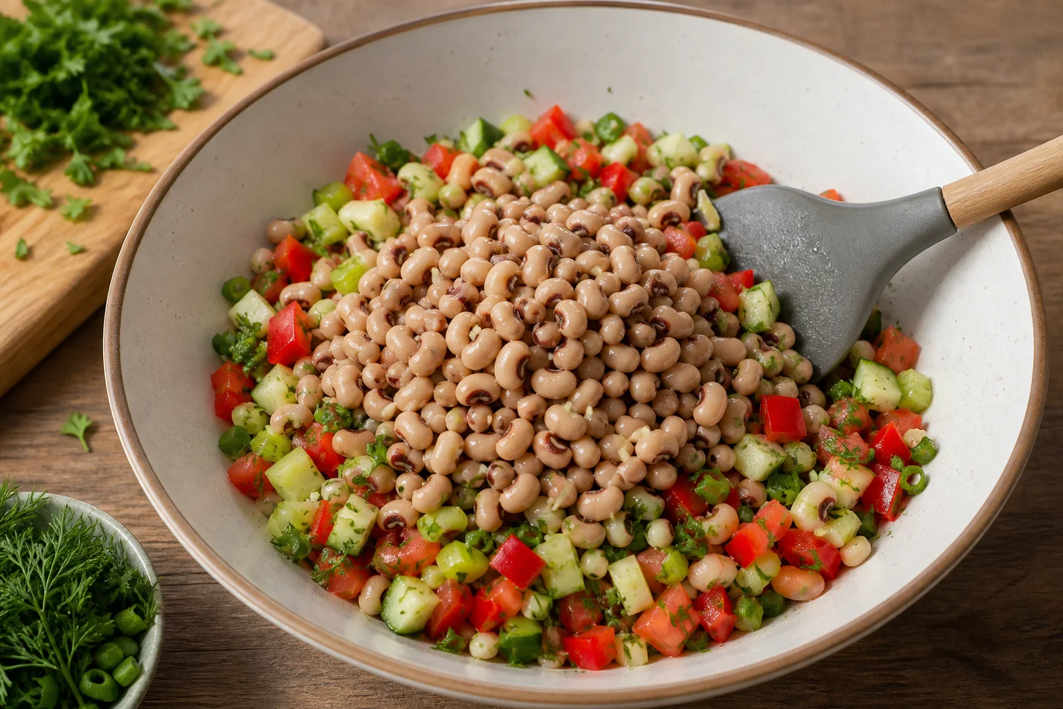 Drained black-eyed peas being gently folded into dressed chopped vegetables with a wide spatula