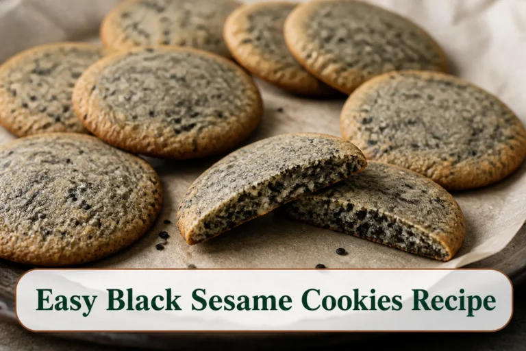 Black sesame cookies with charcoal-speckled centers and crisp golden edges on parchment, one broken open to show chew.; title text reads Easy Black Sesame Cookies Recipe