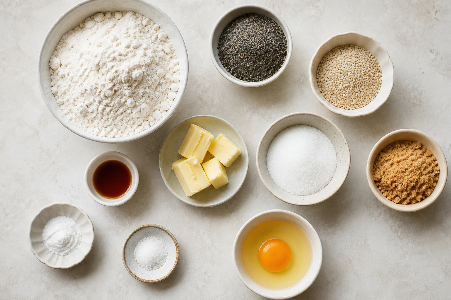 Flour, ground black sesame, whole sesame, butter, sugars, egg, vanilla, baking soda and salt.
