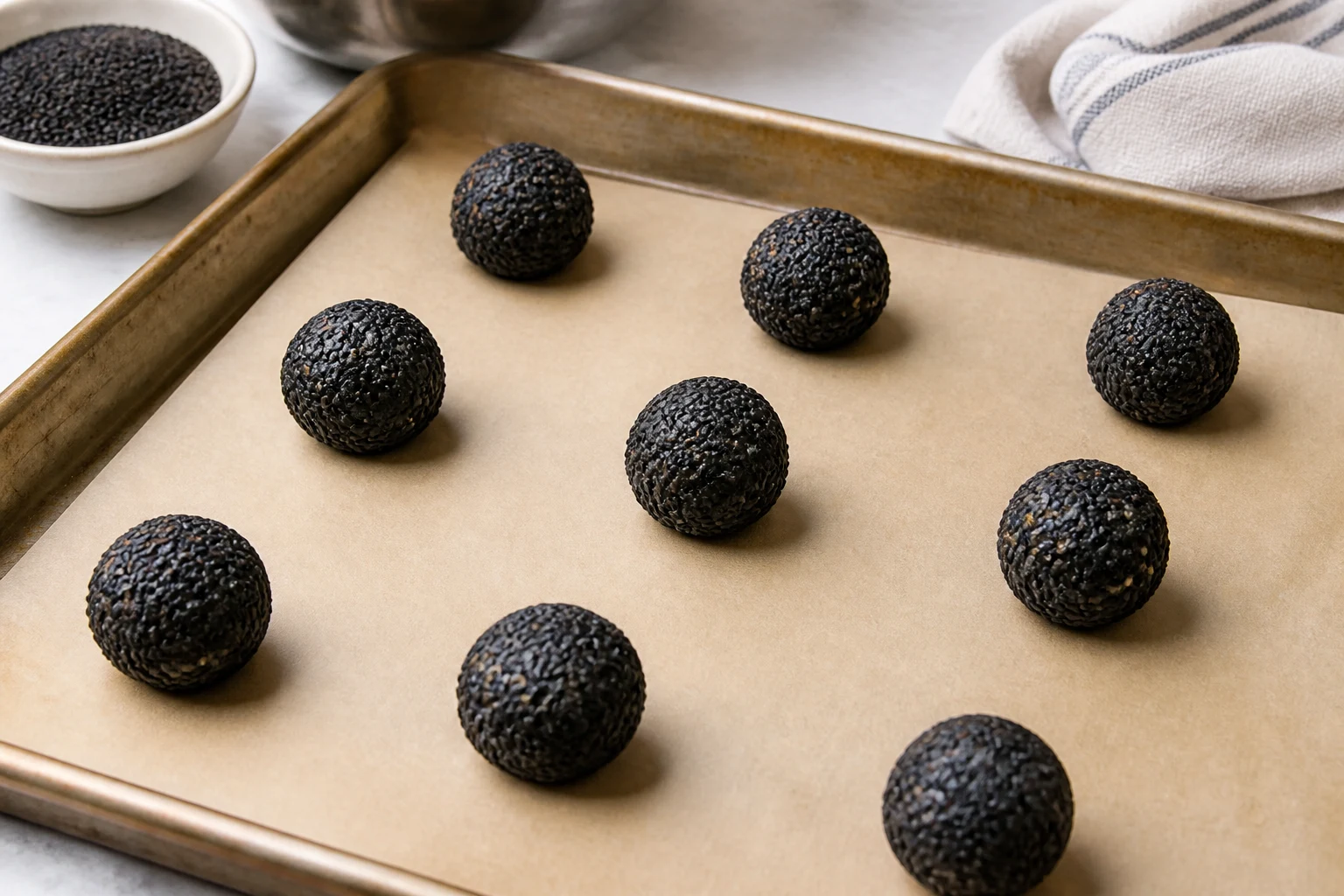 Black sesame cookie dough balls rolled in sesame seeds and spaced on a parchment-lined sheet pan.
