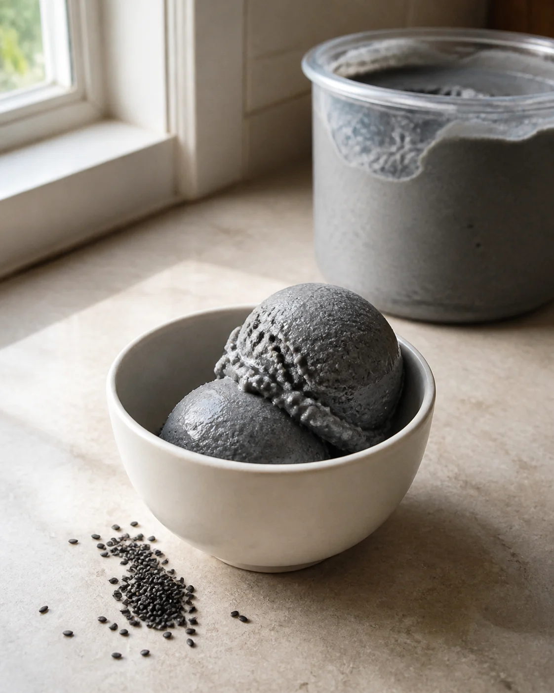Two scoops of charcoal-gray black sesame ice cream in a ceramic bowl beside a home ice-cream pint.