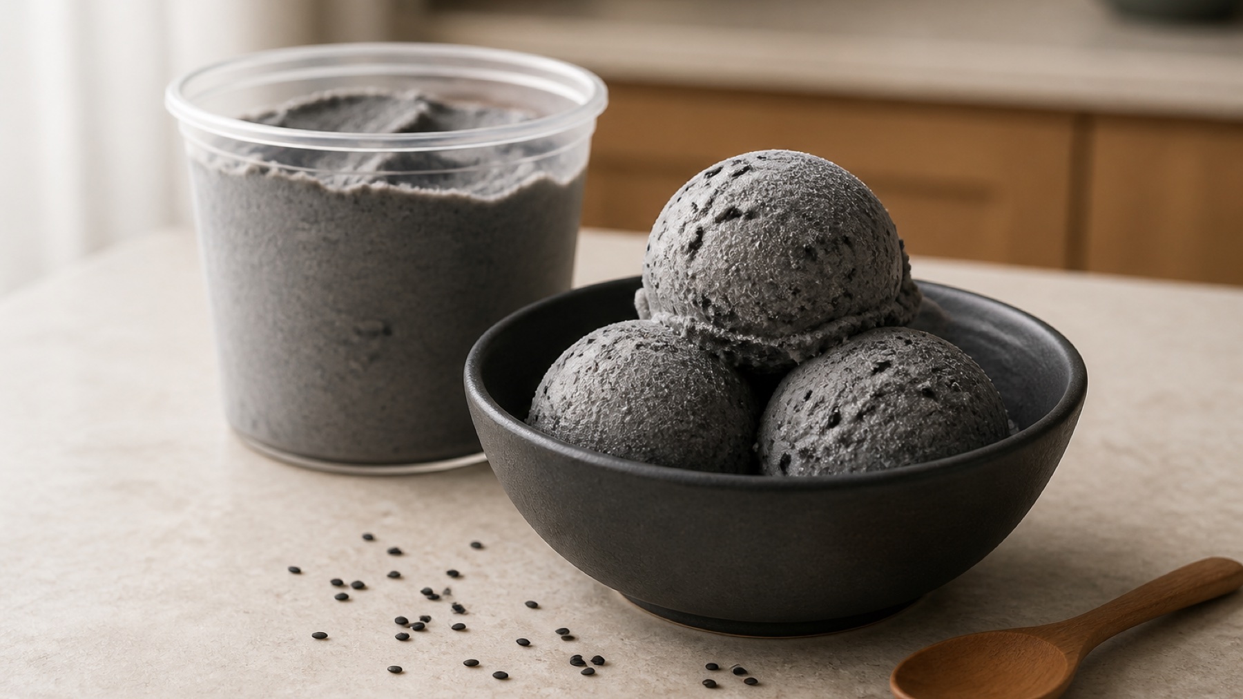 Three scoops of gray-black Ninja Creami black sesame ice cream in a charcoal bowl beside a frozen dessert pint.
