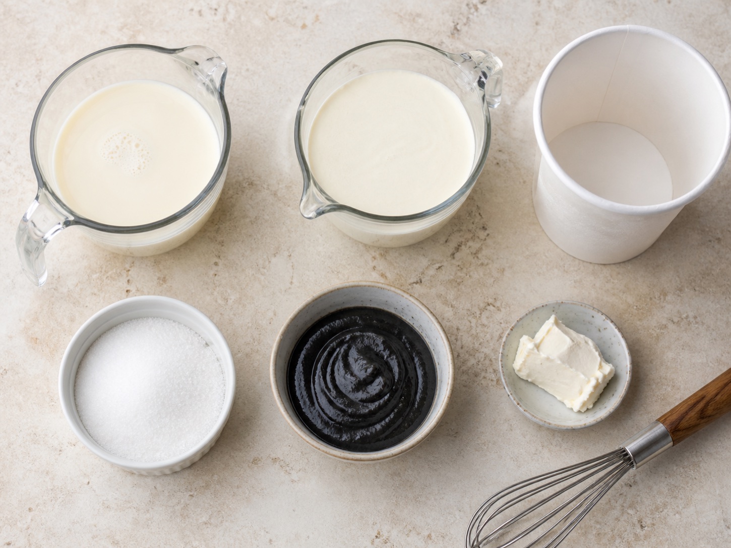 Whole milk, heavy cream, sugar, black sesame paste and cream cheese arranged on a light counter beside a whisk.