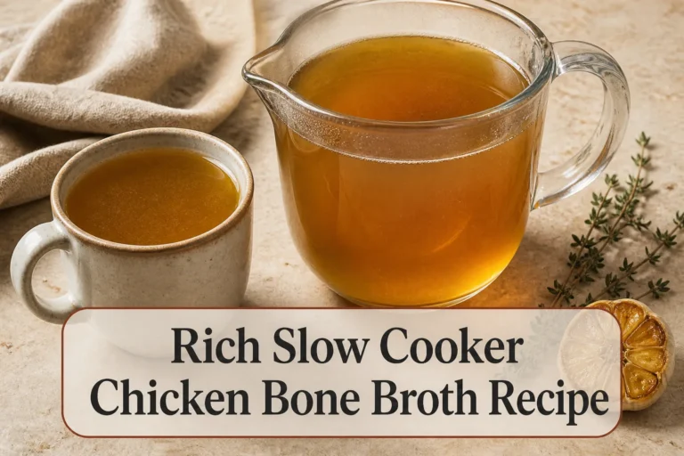 Amber chicken broth with title reading Rich Slow Cooker Chicken Bone Broth Recipe